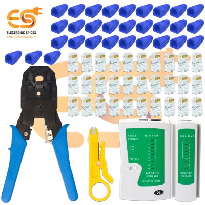 Combo of Ethernet Cable Tester | 3-in-1 Crimping Tool | RJ45 Connectors | Blue Boots Cover