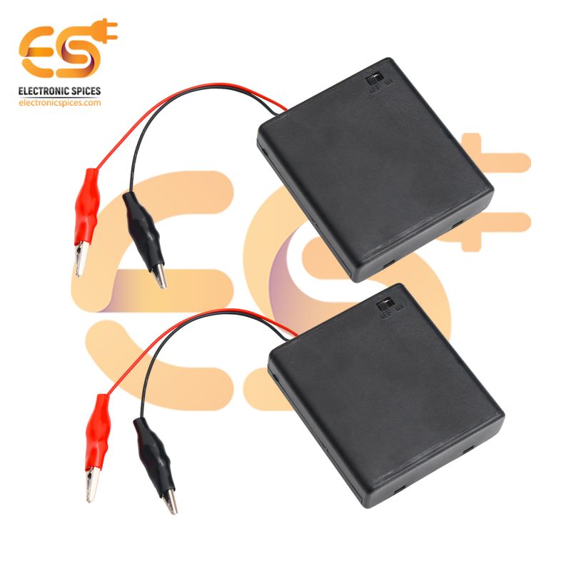 AA 4 cell battery holder hard plastic cover case with on-off switch and alligator clip pack of 1 (4 x 1.5V = 6Volt)