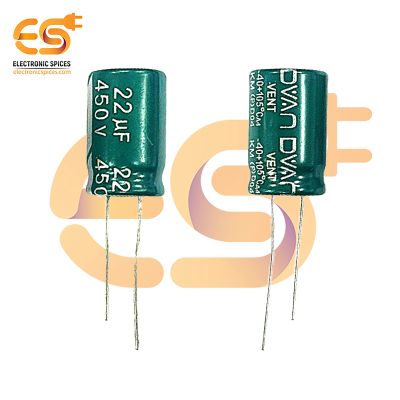 22uf / 450V Aluminum Electrolytic Capacitor 13 X 21mm (Green) Pack of 5