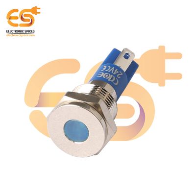 24V 10mm Blue Indicator Light | Flat Head | Nickel-Plated Brass | Pin Terminal | IP67