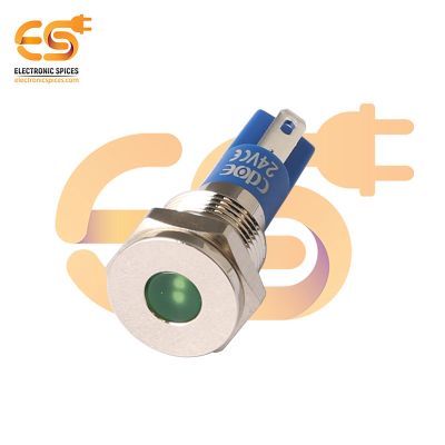 24V 10mm Green Indicator Light | Flat Head | Nickel-Plated Brass | Pin Terminal | IP67