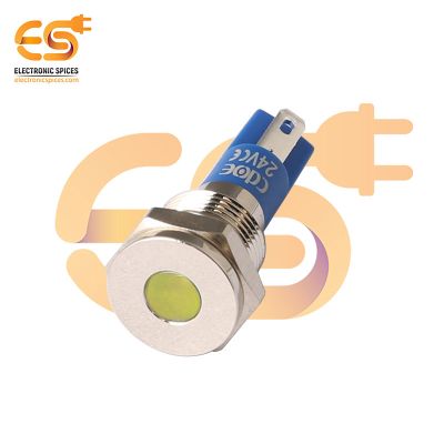 24V 10mm Yellow Indicator Light | Flat Head | Nickel-Plated Brass | Pin Terminal | IP67