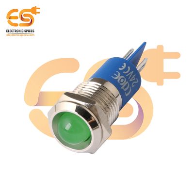 24V 12mm Green LED Light | Domed Head | Nickel-Plated Brass | Pin Terminal | IP67