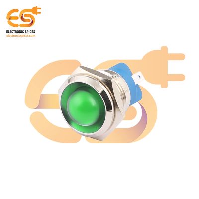 220V 16mm Green LED Light | Domed Head | Nickel-Plated Brass | Pin Terminal | IP67