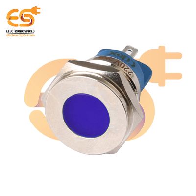 220V 16mm Blue LED Indicator | Flat Head | Nickel-Plated Brass | Pin Terminal | IP67