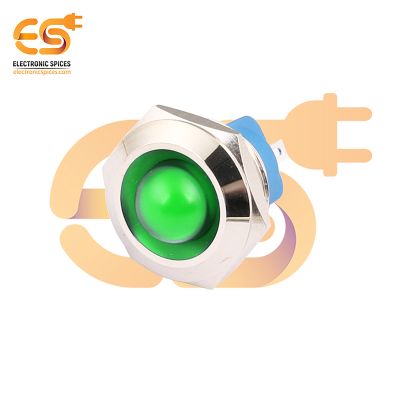220V 19mm Green LED Light | Domed Head | Nickel-Plated Brass | Pin Terminal | IP67