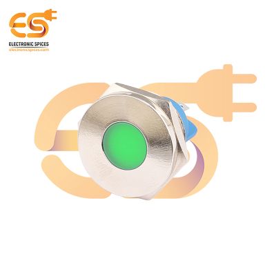220V 19mm Green LED Light | Flat Head | Nickel-Plated Brass | Pin Terminal | IP67