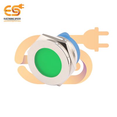 220V 22mm Green LED Light Indicator | Flat Head | Nickel-Plated Brass | Pin Terminal | IP67