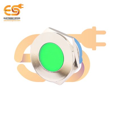 220V 25mm Green LED Light Indicator | Flat Head | Nickel-Plated Brass | Pin Terminal | IP67