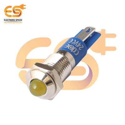 24V 8mm Yellow LED Light Indicator | Domed Head | Nickel-Plated Brass | Pin Terminal | IP67