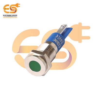 24V 8mm Green LED Light Indicator | Flat Head | Nickel-Plated Brass | Pin Terminal | IP67