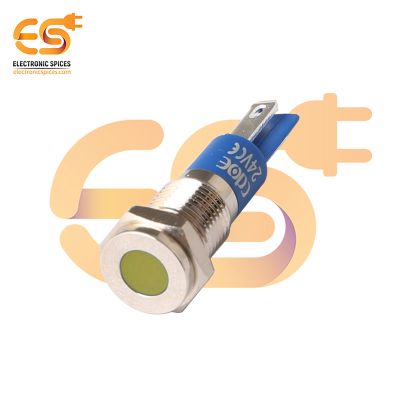 24V 8mm Yellow LED Light Indicator | Flat Head | Nickel-Plated Brass | Pin Terminal | IP67