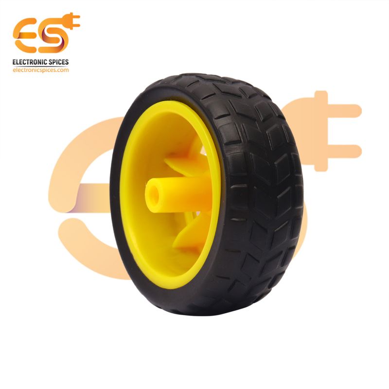 60mm x 25mm Hard plastic build rubber cover yellow color BO motor compatible RC toy car wheel pack of 1pcs