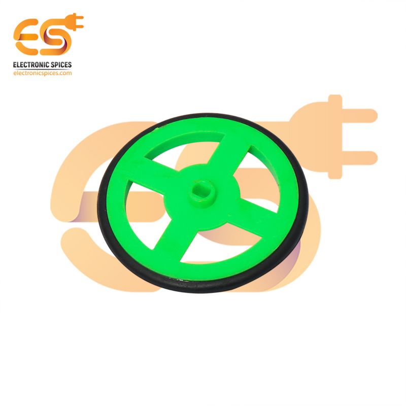 60mm x 6mm Hard plastic build rubber cover green color BO motor compatible toy wheel pack of 4pcs