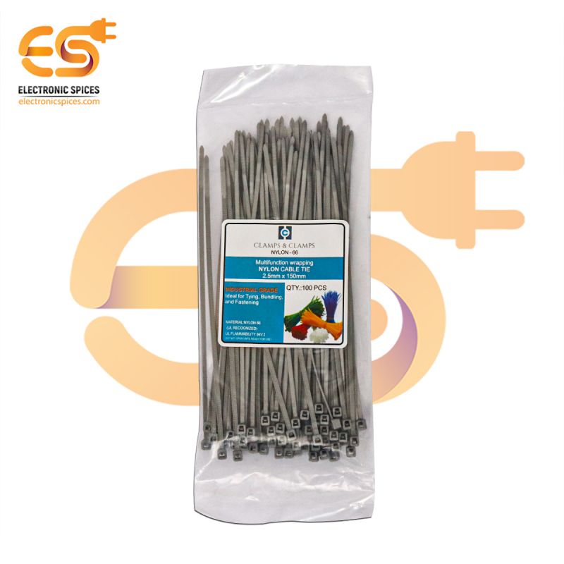 2.5mm x 150mm Grey color Multi-purpose Self locking Nylon 66 industrial grade cable tie pack of 100pcs
