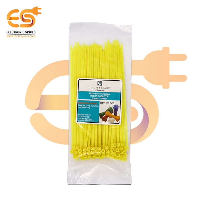 2.5mm x 150mm Yellow color Multi-purpose Self locking Nylon 66 industrial grade cable tie pack of 100pcs