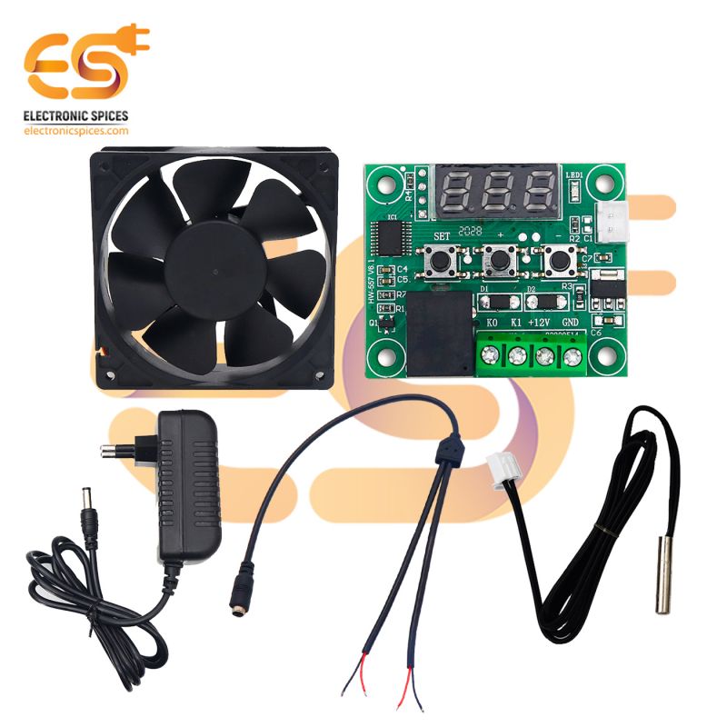 Combo of XH-W1209 temperature controller thermostat module with probe, 3 inch 12V DC exhaust cooling fan, 3.5mm female jack with 2 connection and 12V 1A DC Power supply adapter
