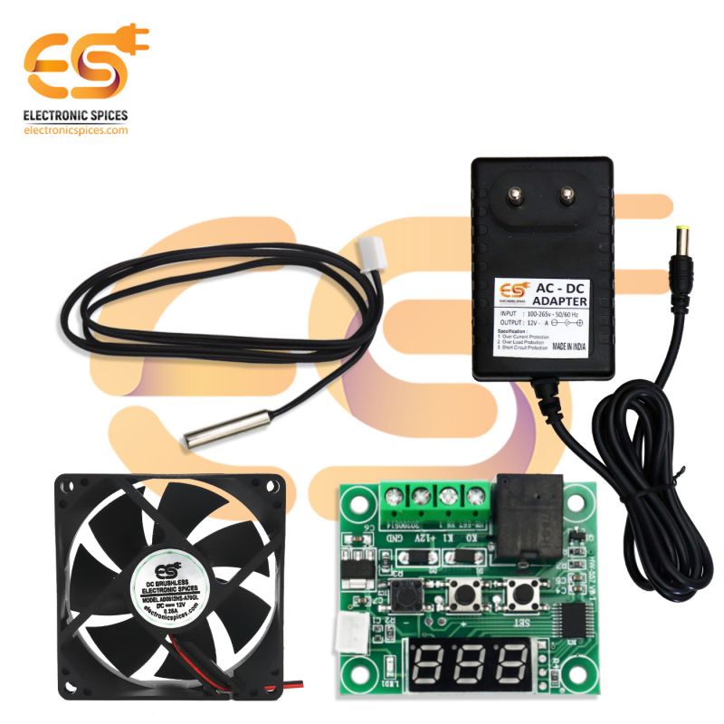 Combo of XH-W1209 temperature controller thermostat module with probe, 3.5 inch 24V DC cooling fan and 12V 1A DC Power supply adapter
