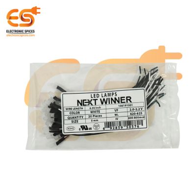 NEXTWINNER 5mm White color LED round shape with wire attach pack of 20pcs (White in White)