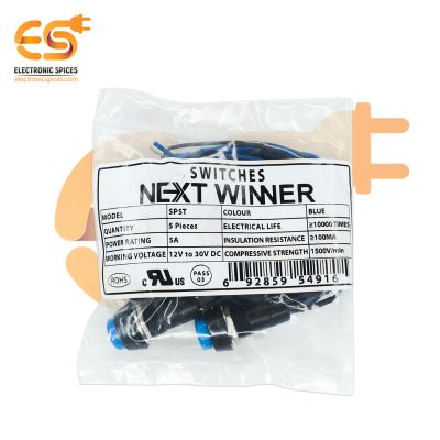 NEXTWINNER SPST Push to ON and Push to OFF self lock momentary push button Blue color switch with wire pack of 5pcs