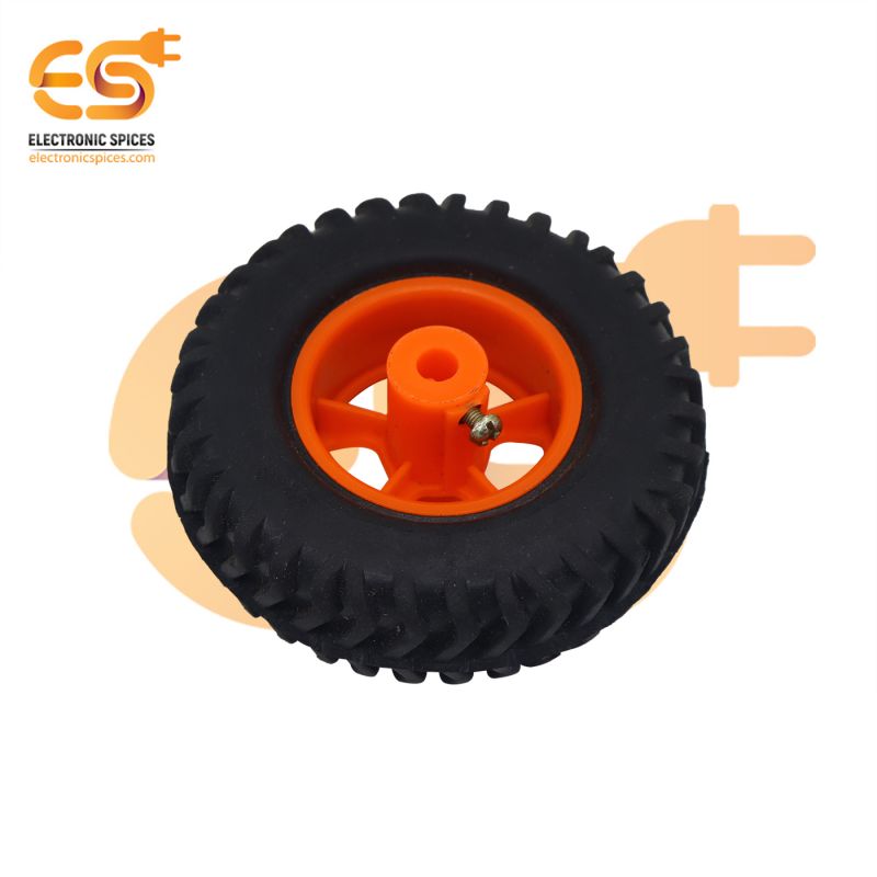 80mm x 25mm Hard plastic build rubber cover orange color 6mm rod compatible robot wheel pack of 4pcs