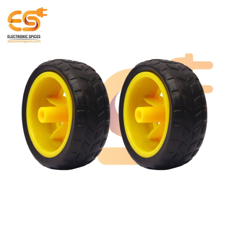 60mm x 25mm Hard plastic build rubber cover yellow color BO motor compatible RC toy car wheel pack of 2pcs