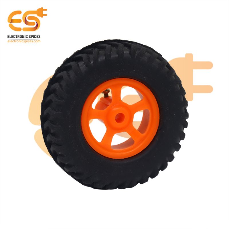 80mm x 25mm Hard plastic build rubber cover orange color 6mm rod compatible robot wheel pack of 2pcs