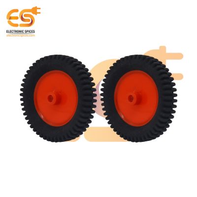 70mm x 15mm Hard plastic build rubber cover red color 6mm rod compatible toy truck wheel pack of 2pcs