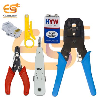 Combo of KD1 Punch Down Tool + RJ11 RJ45 Crimping Tool + Wire Stripper + 9V battery & Cutter + 50PC RJ45 Connector
