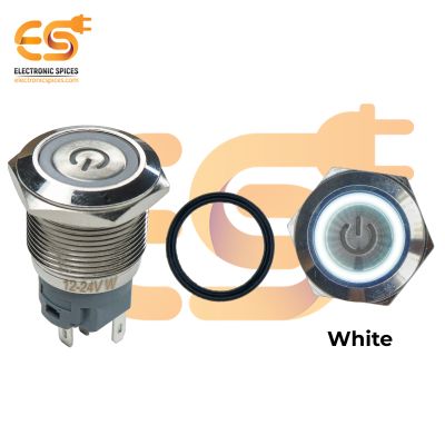 19 mm 12-24V Ring Light Push Button Self Lock Metal Switch with White Indicator and power icon
