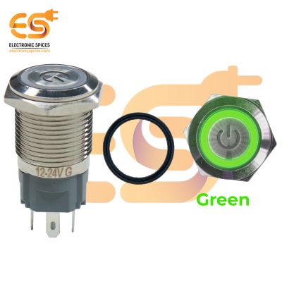 16 mm 12-24V Ring Light Push Button Horn type Metal Switch with Green Indicator and Power Icon