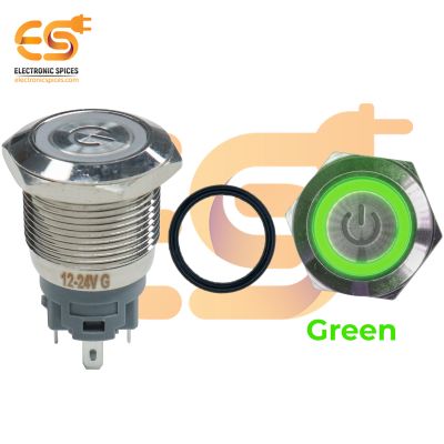 19mm 12-24V Ring Light Push Button Horn type Metal Switch with Green Indicator and Power Icon