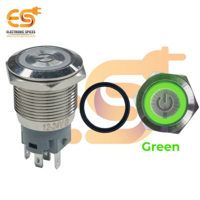 19mm 12-24V Ring Light Push Button Self Lock Metal Switch with Green Indicator and Power Icon