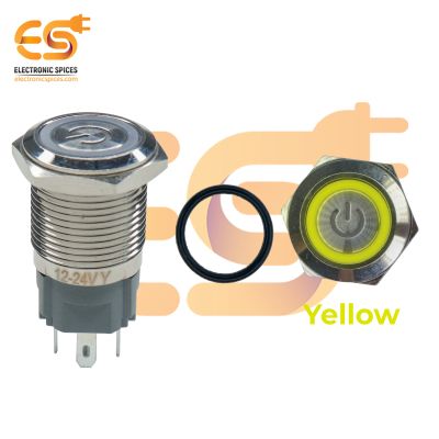 16 mm 12-24V Ring Light Push Button Self Lock Metal Switch with Yellow Indicator and Power Icon