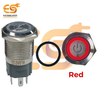 16 mm 12-24V Ring Light Push Button Self Lock Metal Switch with Red Indicator and Power Icon