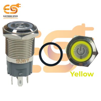 16 mm 12-24V Ring Light Push Button Horn type Metal Switch with Yellow Indicator and Power Icon