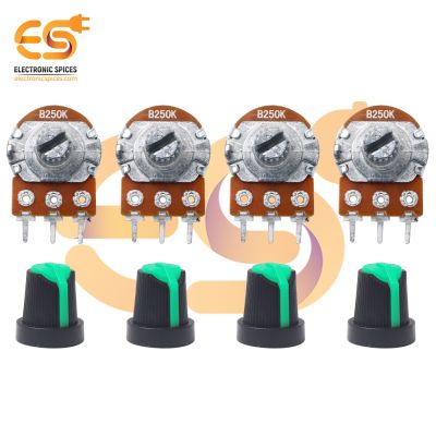 Combo of 250K 3 Pin 14mm Long Round Shaft Rotary Potentiometer Volume Pot 250K with Knob (Pack of 4)